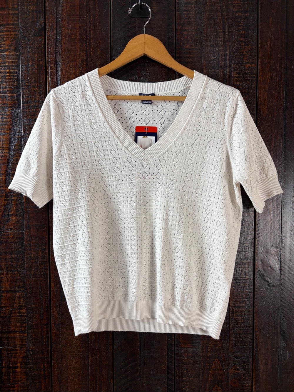 Splendid Cream Short-Sleeve Pointelle V-Neck Sweater Knit Top Medium